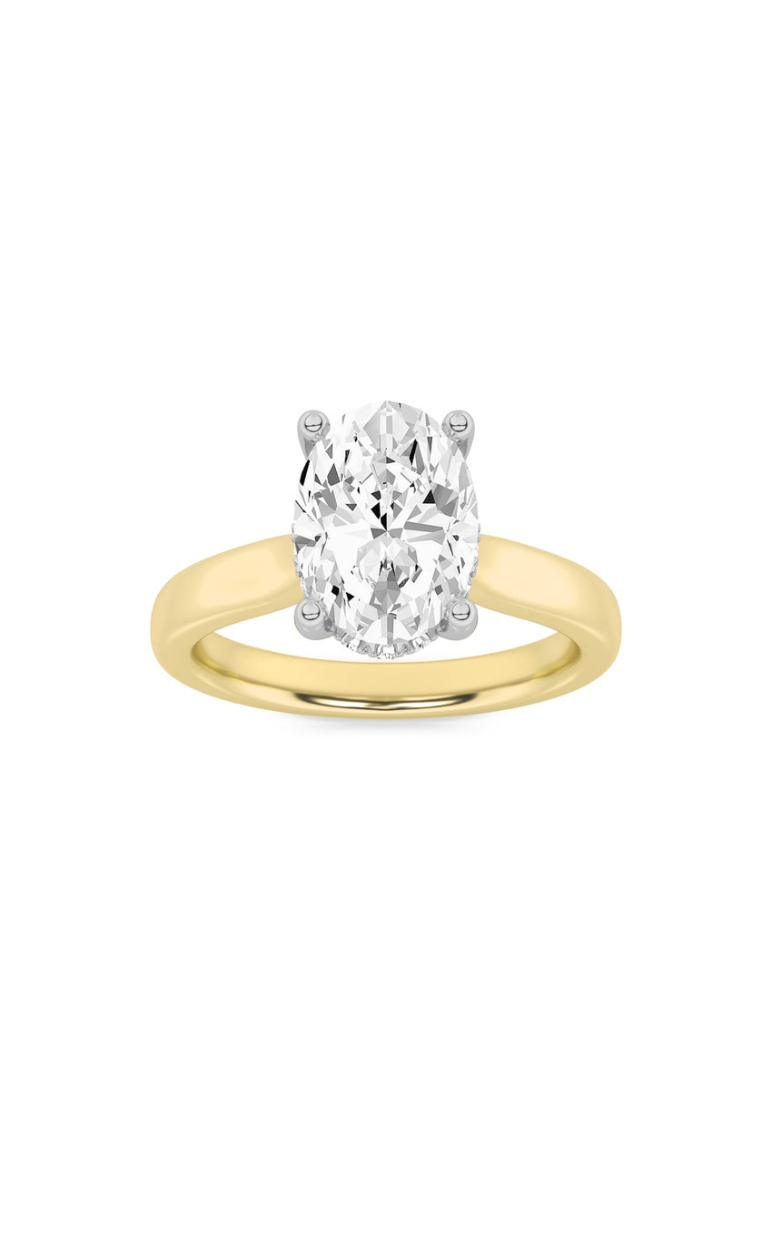 2Cttw Oval Shaped Lab Grown Diamond (F/VS) Hidden Halo Cathedral Shank Engagement Ring in 14K Gold