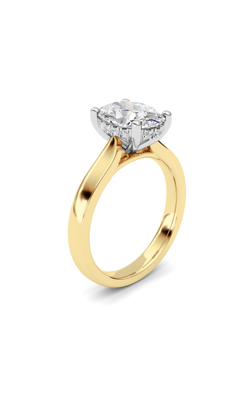 2Cttw Oval Shaped Lab Grown Diamond (F/VS) Hidden Halo Cathedral Shank Engagement Ring in 14K Gold