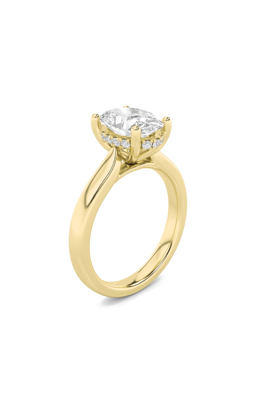 3Cttw Oval Shaped Lab Grown Diamond (F/VS) Hidden Halo Cathedral Shank Engagement Ring in 14K Gold