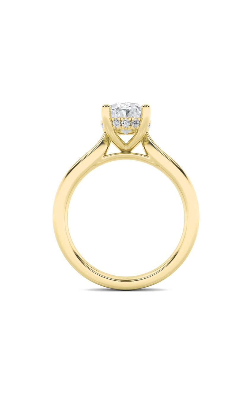 3Cttw Oval Shaped Lab Grown Diamond (F/VS) Hidden Halo Cathedral Shank Engagement Ring in 14K Gold