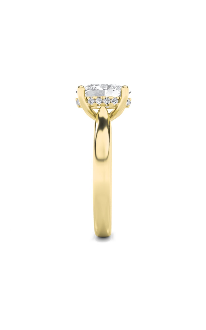 3Cttw Oval Shaped Lab Grown Diamond (F/VS) Hidden Halo Cathedral Shank Engagement Ring in 14K Gold