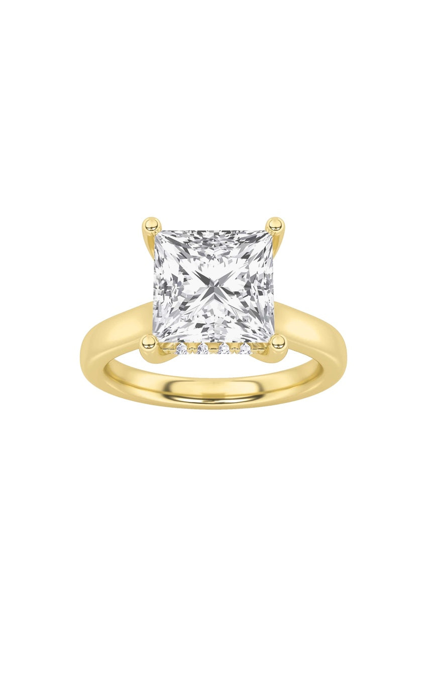 1Cttw Princess Shaped Lab Grown Diamond (F/VS) Hidden Halo Cathedral Shank Engagement Ring in 14K Gold