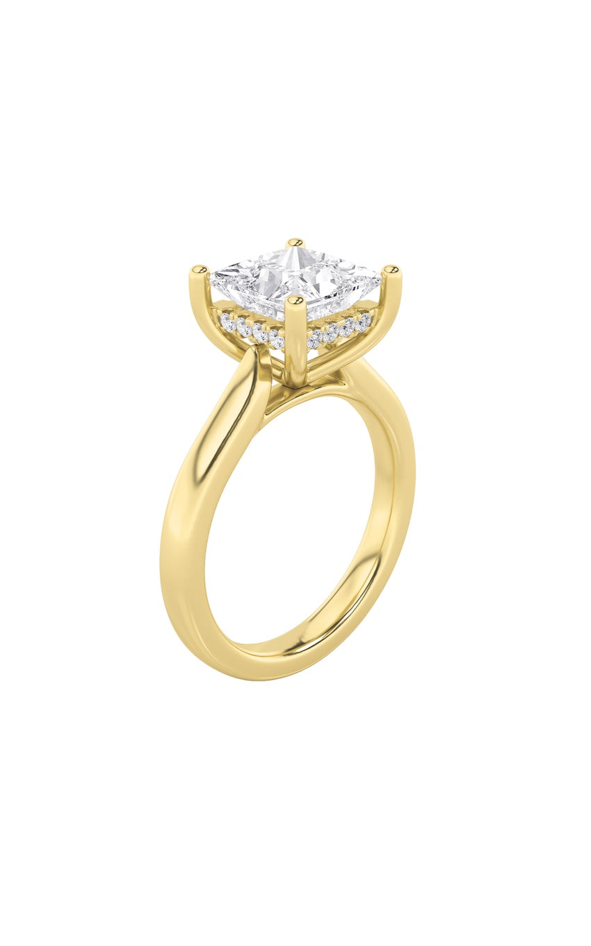 1Cttw Princess Shaped Lab Grown Diamond (F/VS) Hidden Halo Cathedral Shank Engagement Ring in 14K Gold