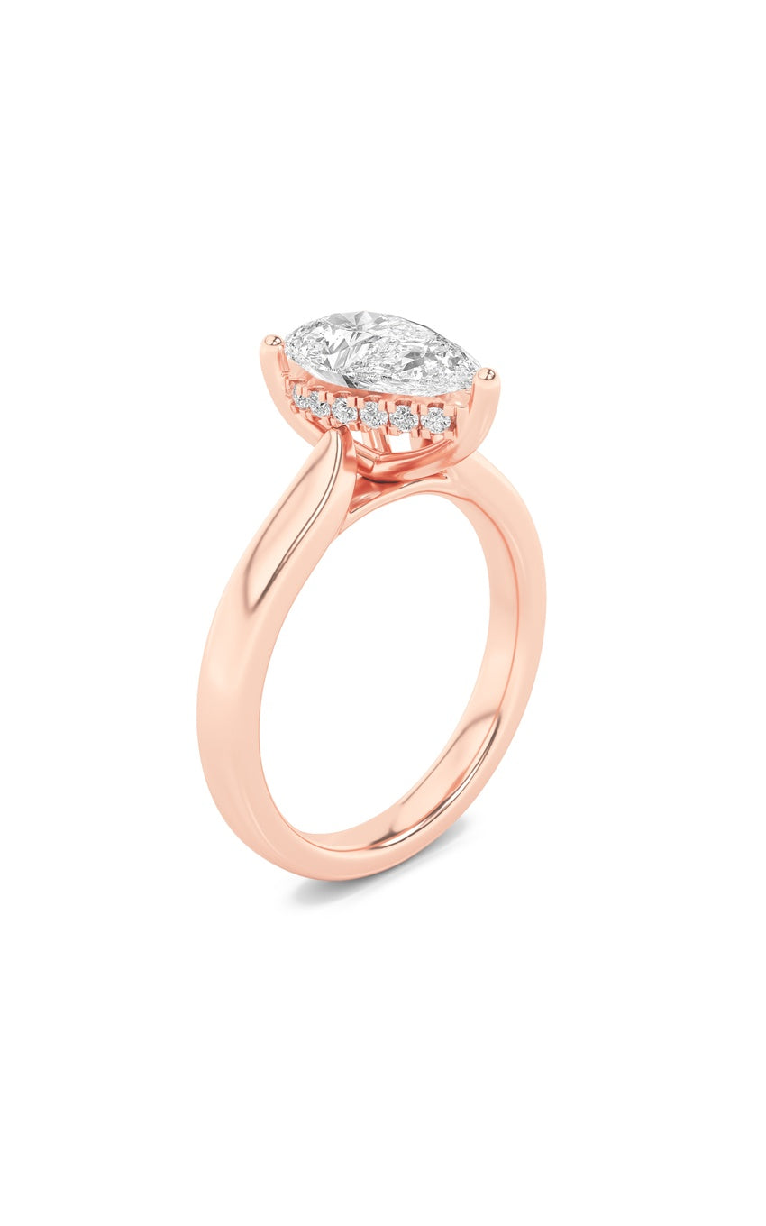 1Cttw Pear Shaped Lab Grown Diamond (F/VS) Hidden Halo Cathedral Shank Engagement Ring in 14K Gold