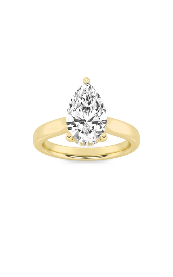 3Cttw Pear Shaped Lab Grown Diamond (F/VS) Hidden Halo Cathedral Shank Engagement Ring in 14K Gold
