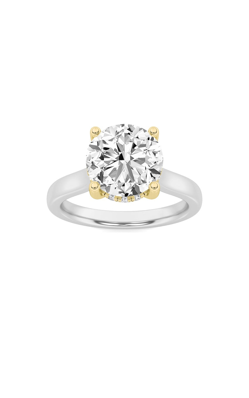 3Cttw Round Shaped Lab Grown Diamond (F/VS) Hidden Halo Cathedral Shank Engagement Ring in 14K Gold
