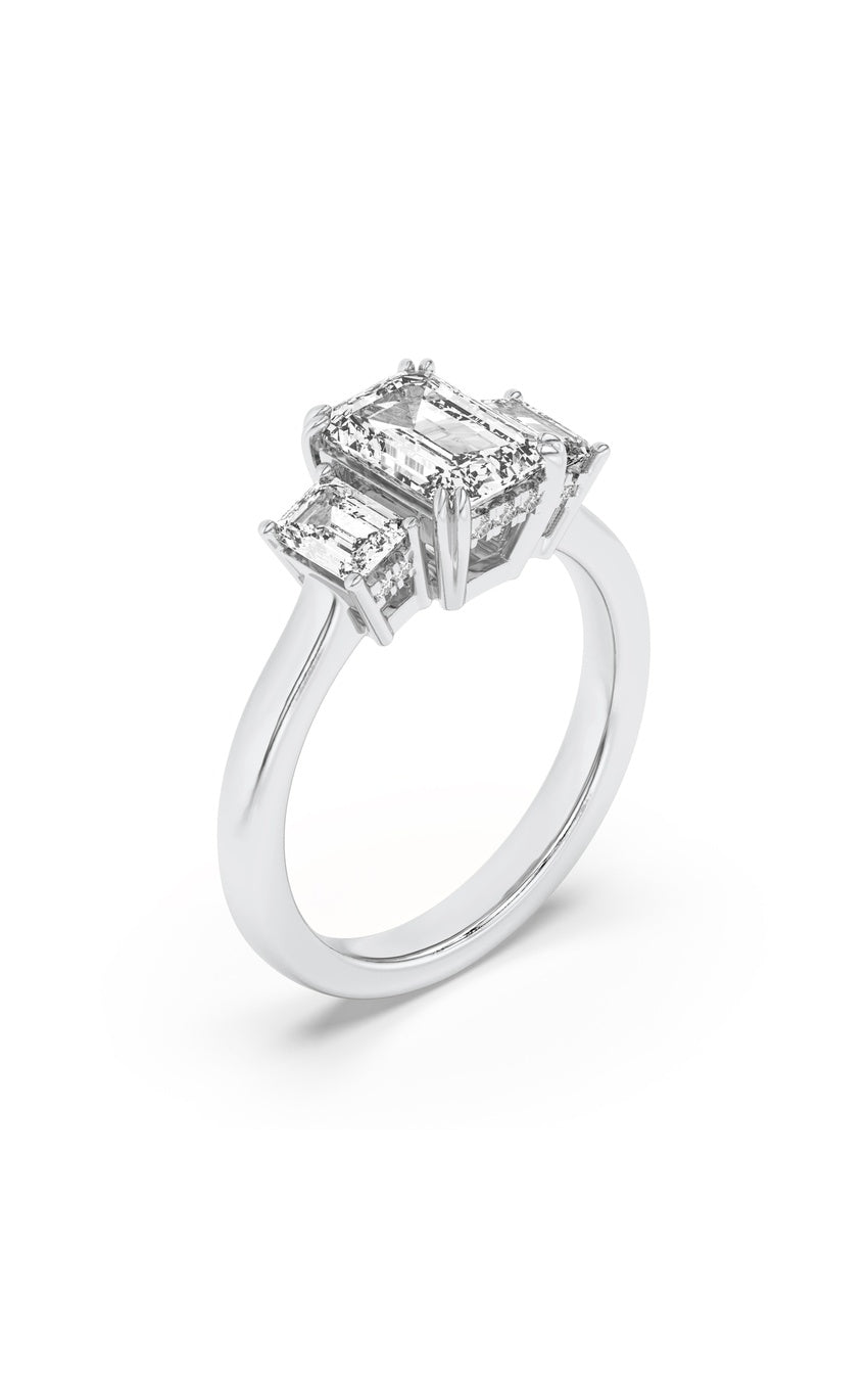 3Cttw Emerald Shaped Lab Grown Diamond (F/VS) Three Stone Accented Ring in 14K Gold