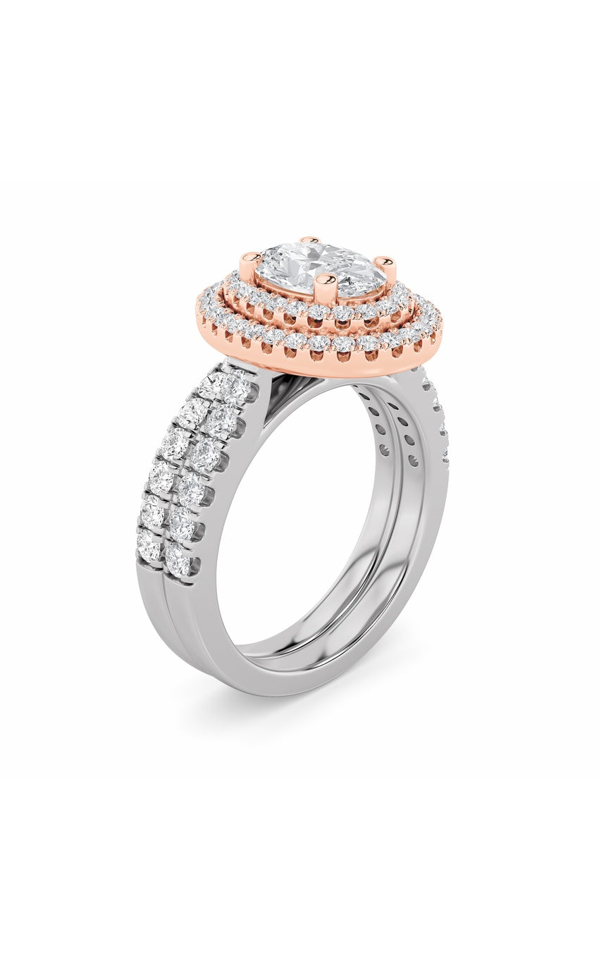 2Cttw Oval Shaped Lab Grown Diamond (F/VS) Double Halo Bridal Set Engagement Ring Set in 14K Gold
