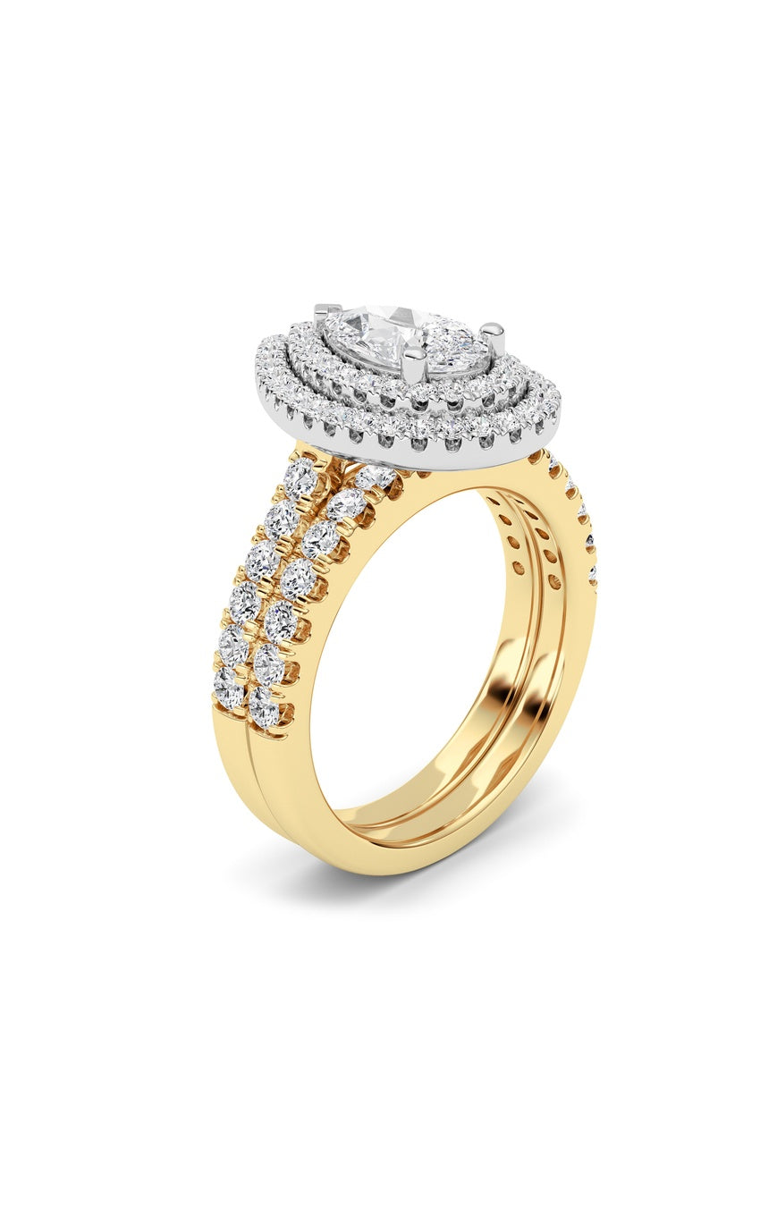 2Cttw Pear Shaped Lab Grown Diamond (F/VS) Double Halo Bridal Set Engagement Ring Set in 14K Gold