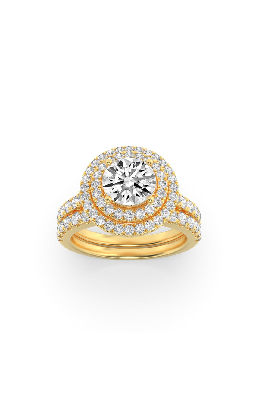 2Cttw Round Shaped Lab Grown Diamond (F/VS) Double Halo Bridal Set Engagement Ring Set in 14K Gold