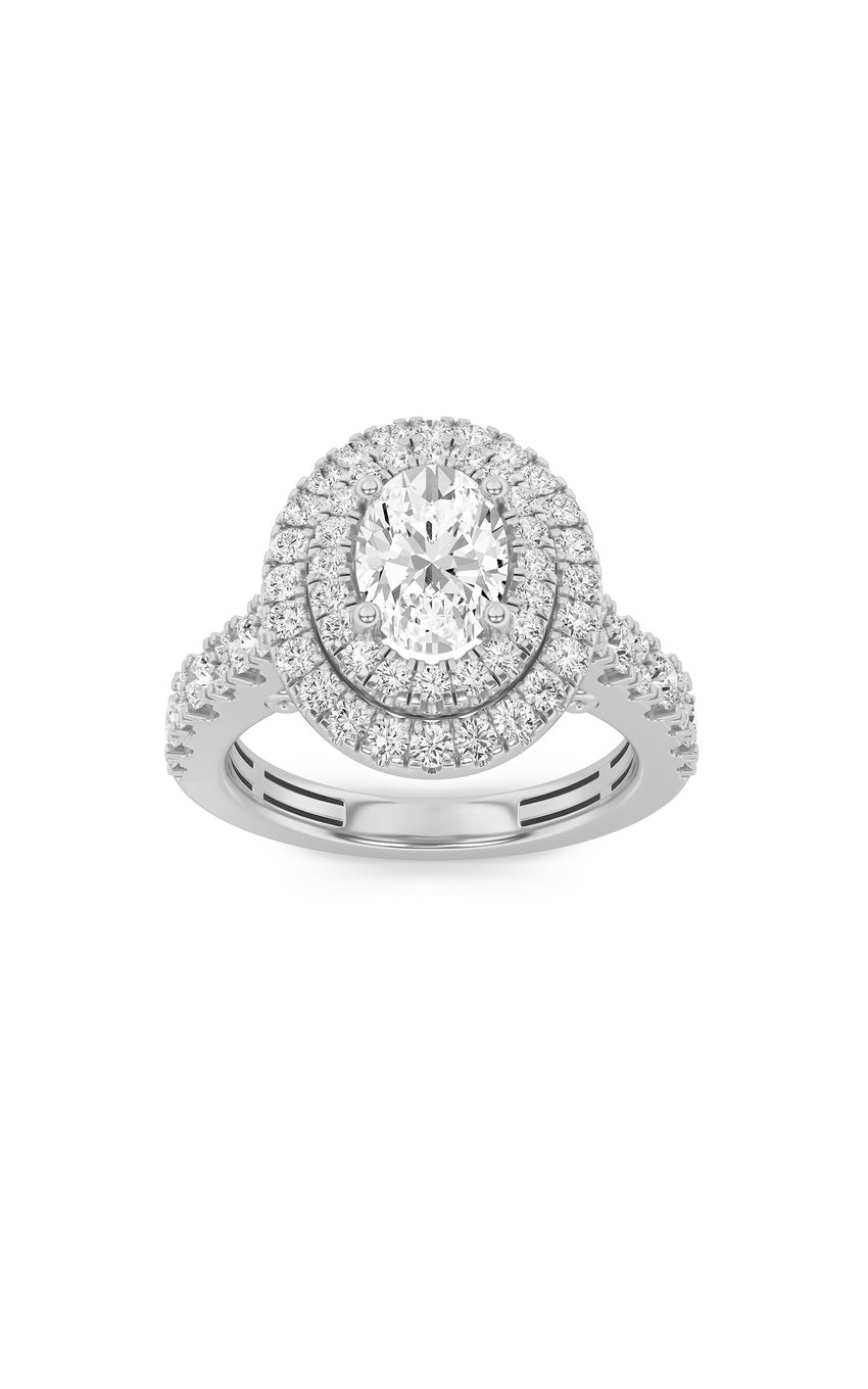 2Cttw Oval Shaped Lab Grown Diamond (F/VS) Double Halo Engagement Ring in 14K Gold