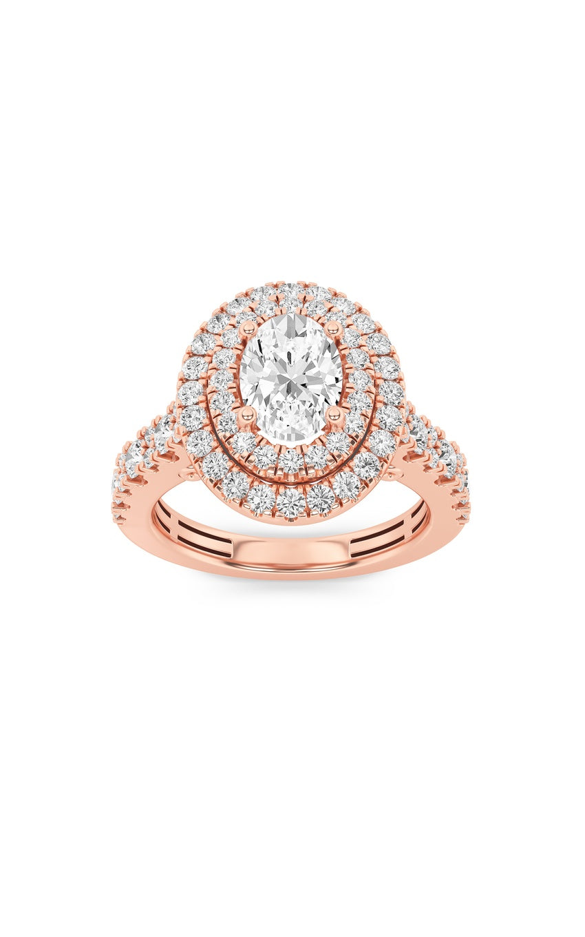 2Cttw Oval Shaped Lab Grown Diamond (F/VS) Double Halo Engagement Ring in 14K Gold