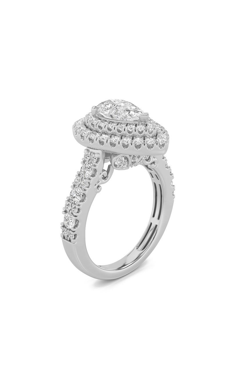 2Cttw Pear Shaped Lab Grown Diamond (F/VS) Double Halo Engagement Ring in 14K Gold