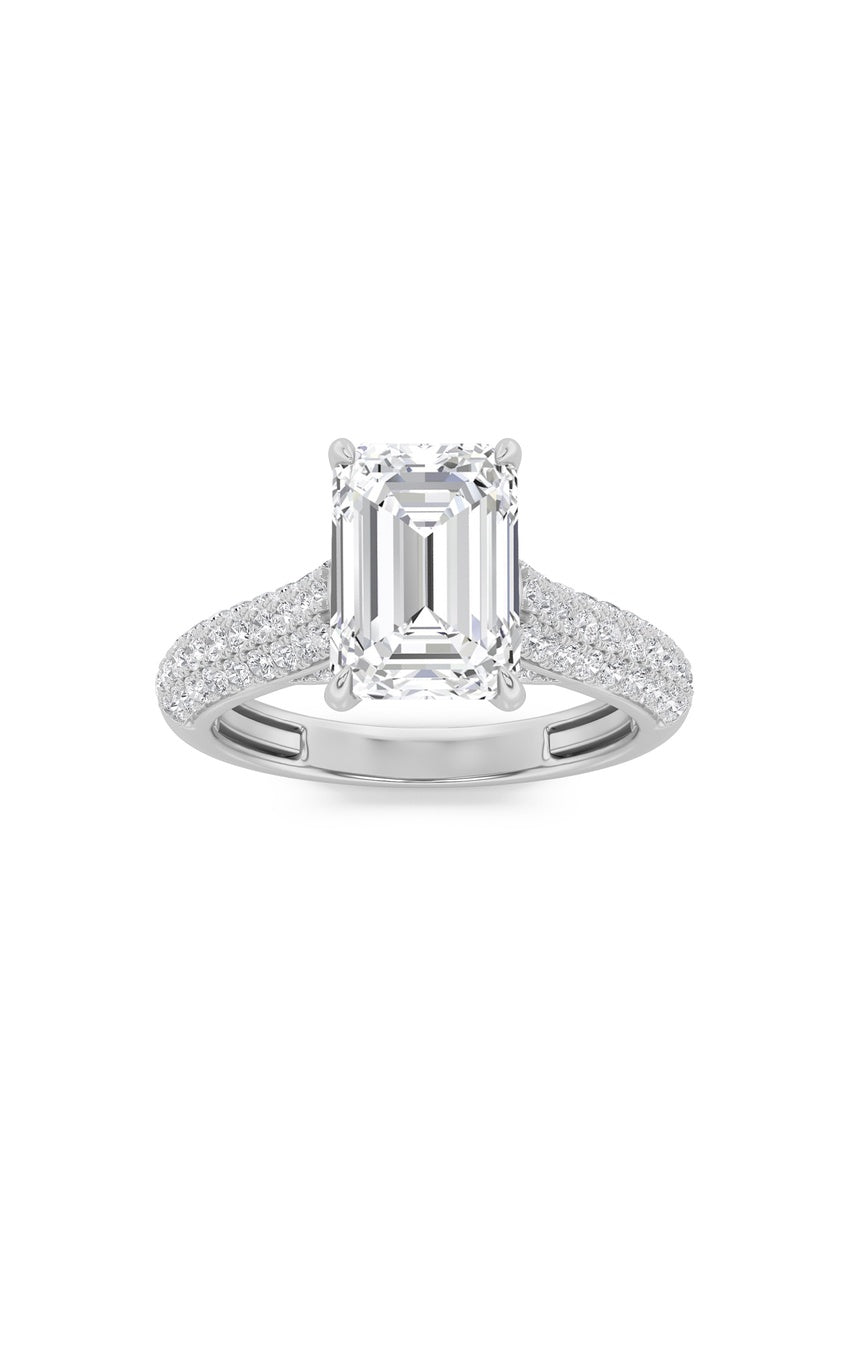 2.5Cttw Emerald Shaped Lab Grown Diamond (F/VS) Hidden Halo Accented Engagement Ring in 14K Gold