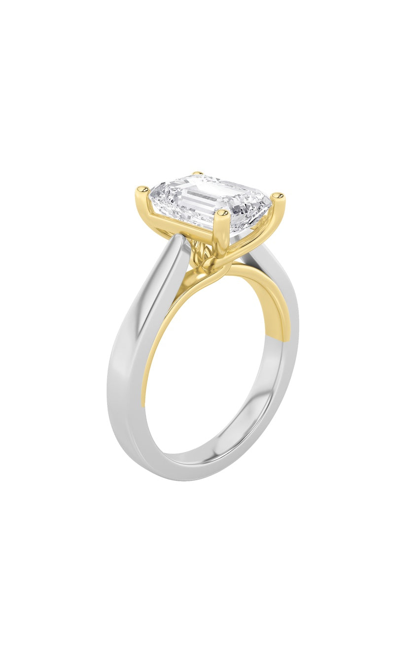 1Cttw Emerald Shaped Lab Grown Diamond (F/VS) Two Tone Twisted Basket Cathedral Shank Solitaire Ring in 14K Gold