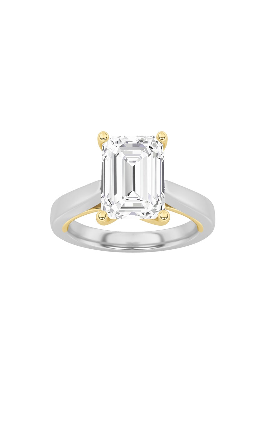 3Cttw Emerald Shaped Lab Grown Diamond (F/VS) Two Tone Twisted Basket Cathedral Shank Solitaire Ring in 14K Gold