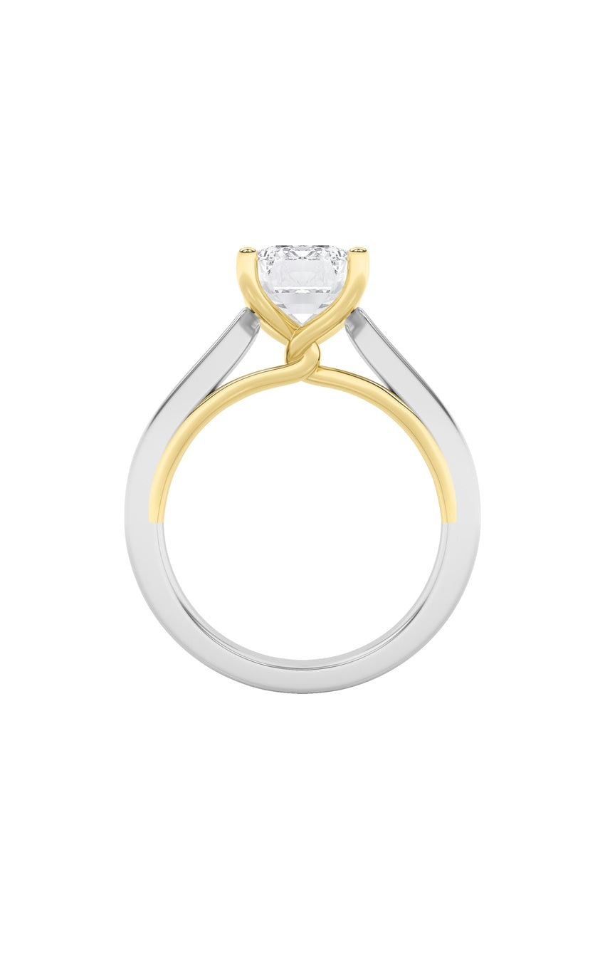 3Cttw Emerald Shaped Lab Grown Diamond (F/VS) Two Tone Twisted Basket Cathedral Shank Solitaire Ring in 14K Gold