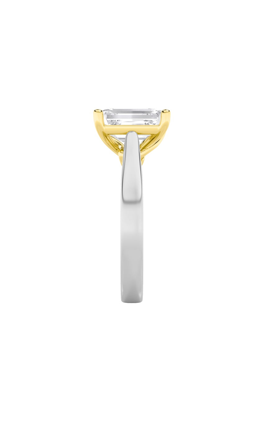 3Cttw Emerald Shaped Lab Grown Diamond (F/VS) Two Tone Twisted Basket Cathedral Shank Solitaire Ring in 14K Gold