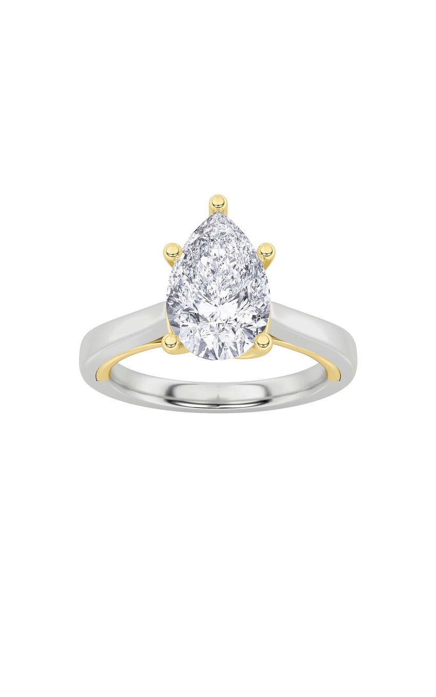1Cttw Pear Shaped Lab Grown Diamond (F/VS) Two Tone Twisted Basket Cathedral Shank Solitaire Ring in 14K Gold