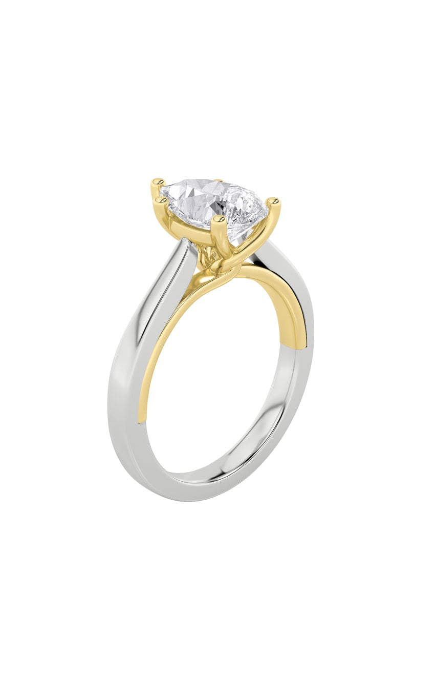1Cttw Pear Shaped Lab Grown Diamond (F/VS) Two Tone Twisted Basket Cathedral Shank Solitaire Ring in 14K Gold