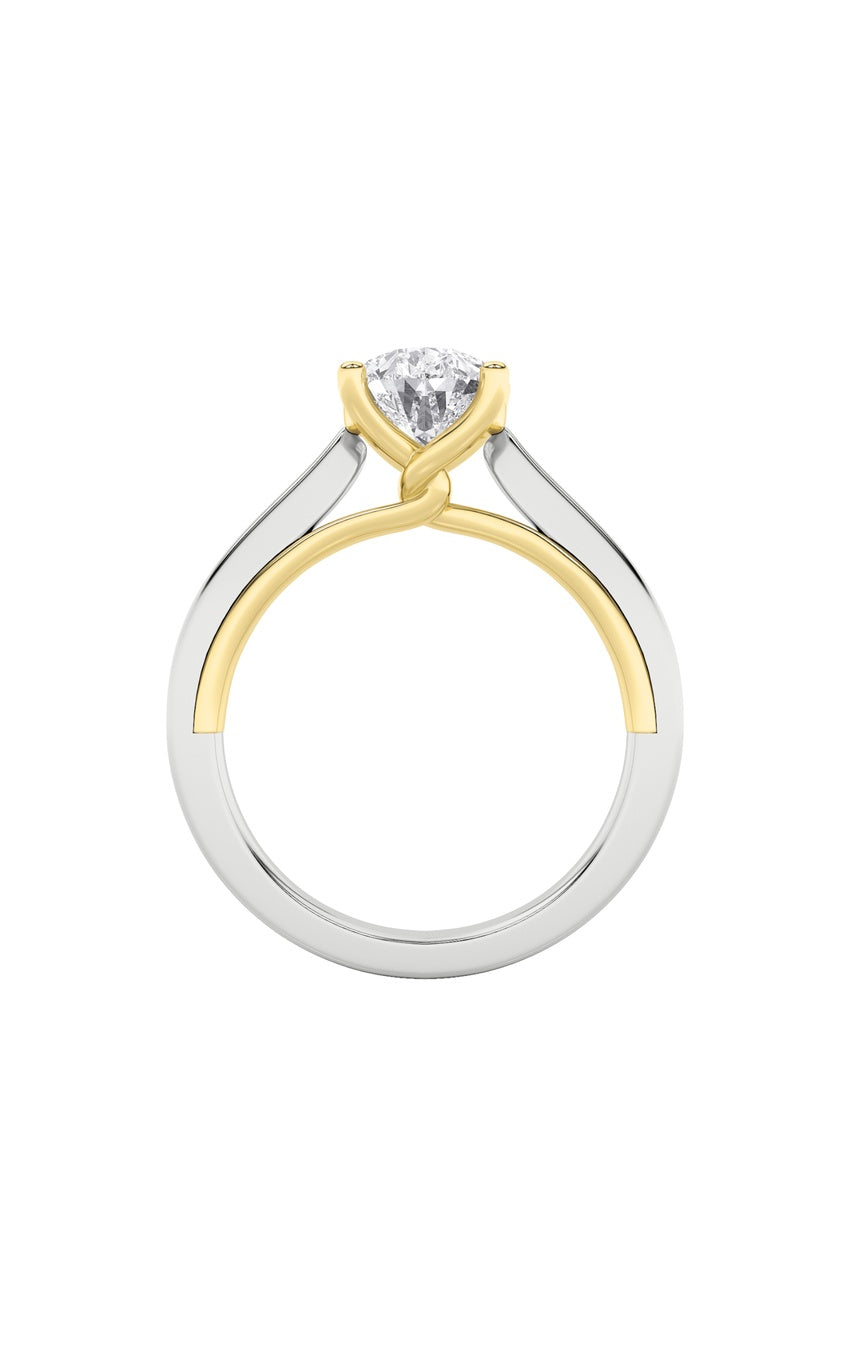 1Cttw Pear Shaped Lab Grown Diamond (F/VS) Two Tone Twisted Basket Cathedral Shank Solitaire Ring in 14K Gold