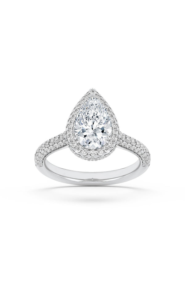 3Cttw Pear Shaped Lab Grown Diamond (F/VS) Halo Accented Engagement Ring in 14K Gold