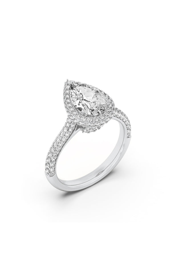 3Cttw Pear Shaped Lab Grown Diamond (F/VS) Halo Accented Engagement Ring in 14K Gold