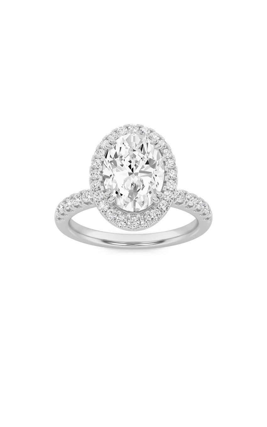 3Cttw Oval Shaped Lab Grown Diamond (F/VS) Halo Accented Engagement Ring in 14K Gold