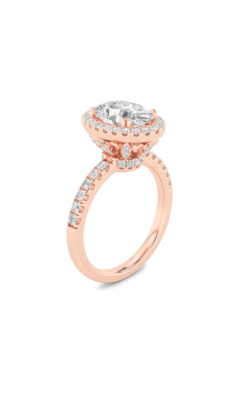 3Cttw Oval Shaped Lab Grown Diamond (F/VS) Halo Accented Engagement Ring in 14K Gold
