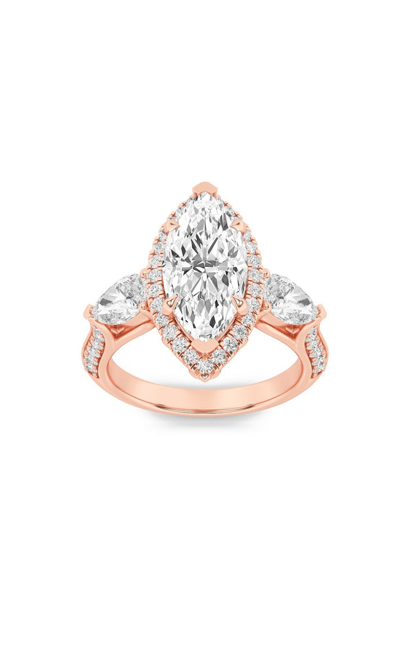 3Cttw Marquise Shaped Lab Grown Diamond (F/VS) Three Stone Halo Enagement Ring in 14K Gold