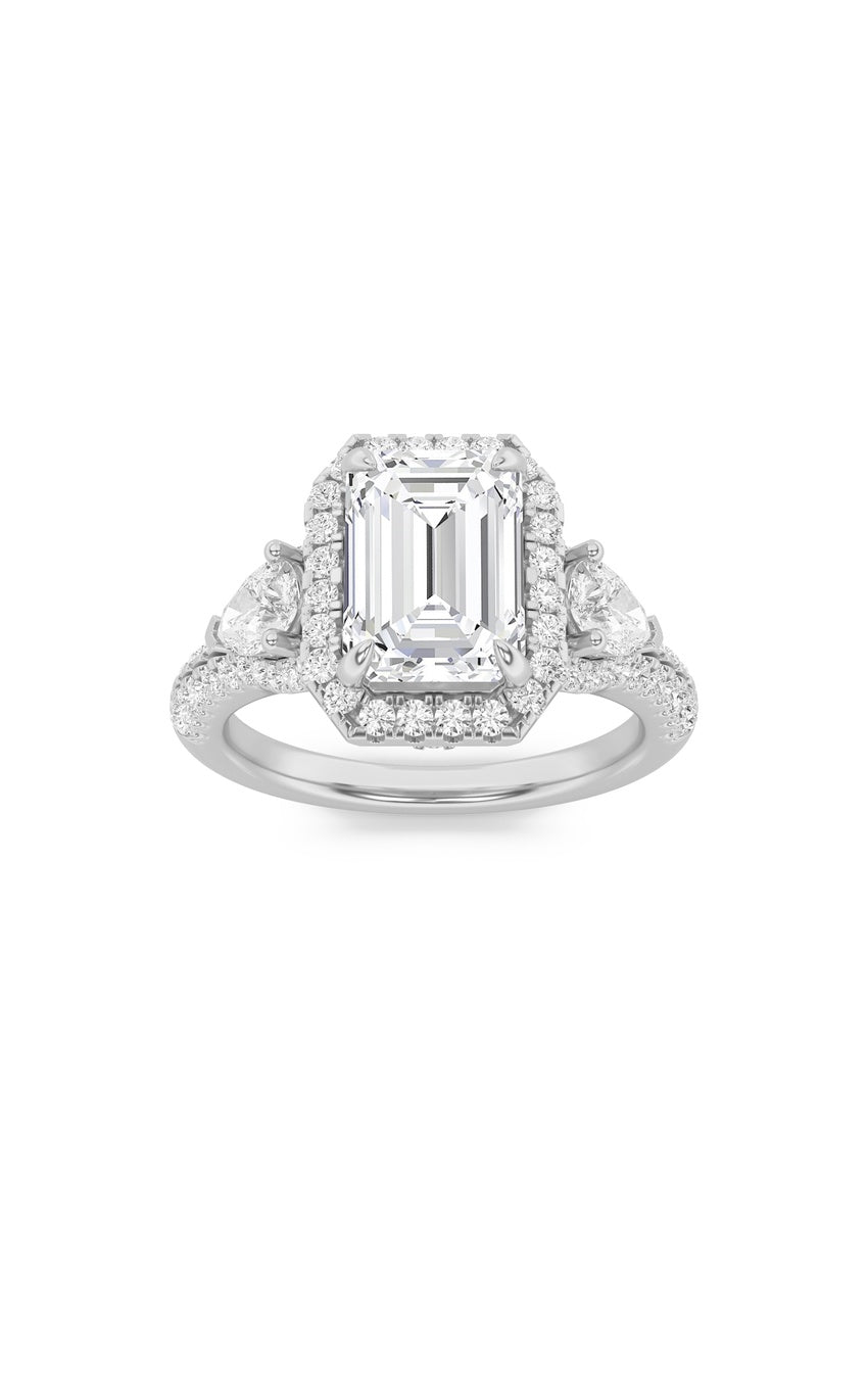 3Cttw Emerald Shaped Lab Grown Diamond (F/VS) Three Stone Bold Accented Engagement Ring in 14K Gold