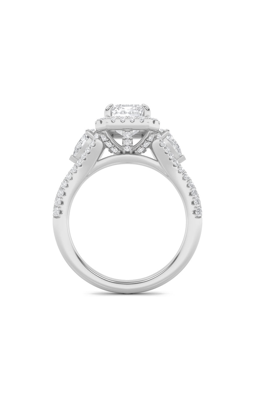 3Cttw Emerald Shaped Lab Grown Diamond (F/VS) Three Stone Bold Accented Engagement Ring in 14K Gold