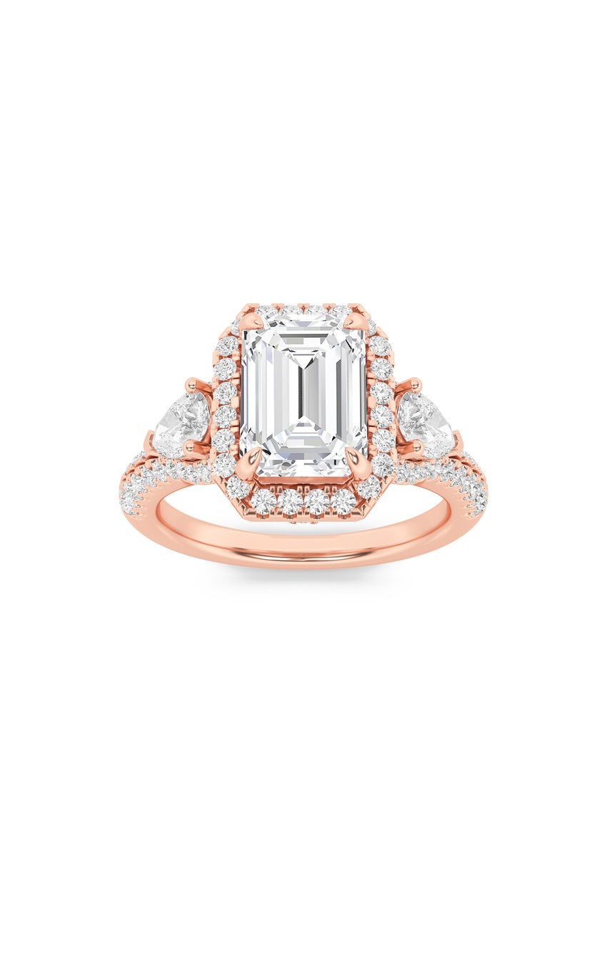 3Cttw Emerald Shaped Lab Grown Diamond (F/VS) Three Stone Bold Accented Engagement Ring in 14K Gold