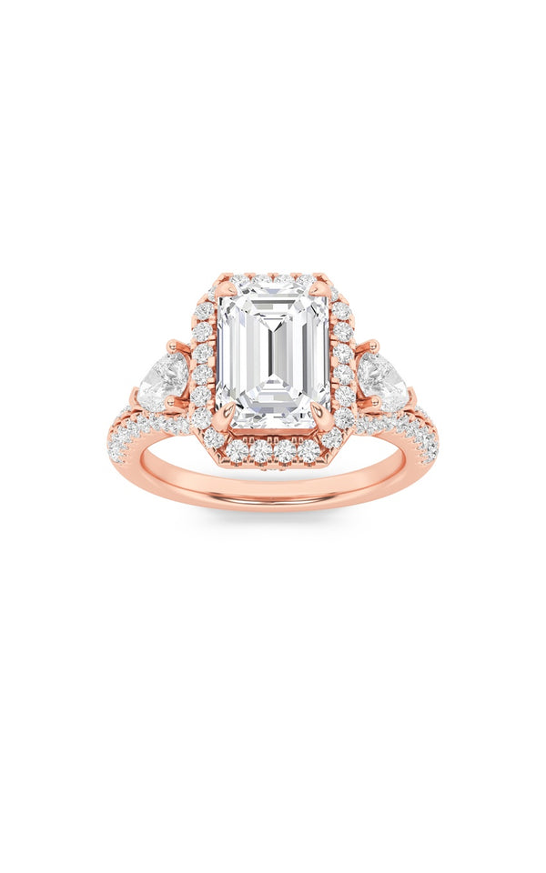 3Cttw Emerald Shaped Lab Grown Diamond (F/VS) Three Stone Bold Accented Engagement Ring in 14K Gold