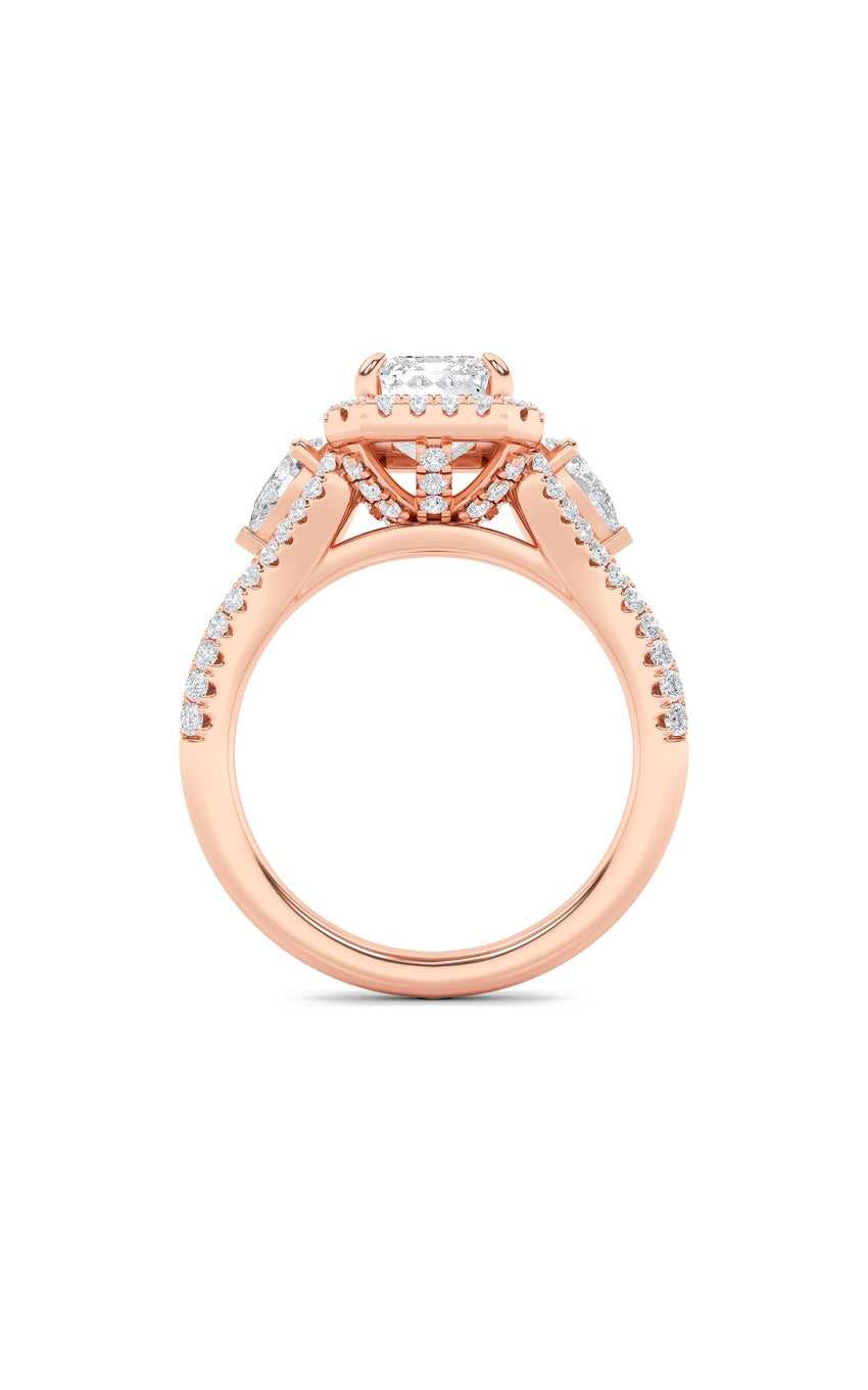 3Cttw Emerald Shaped Lab Grown Diamond (F/VS) Three Stone Bold Accented Engagement Ring in 14K Gold