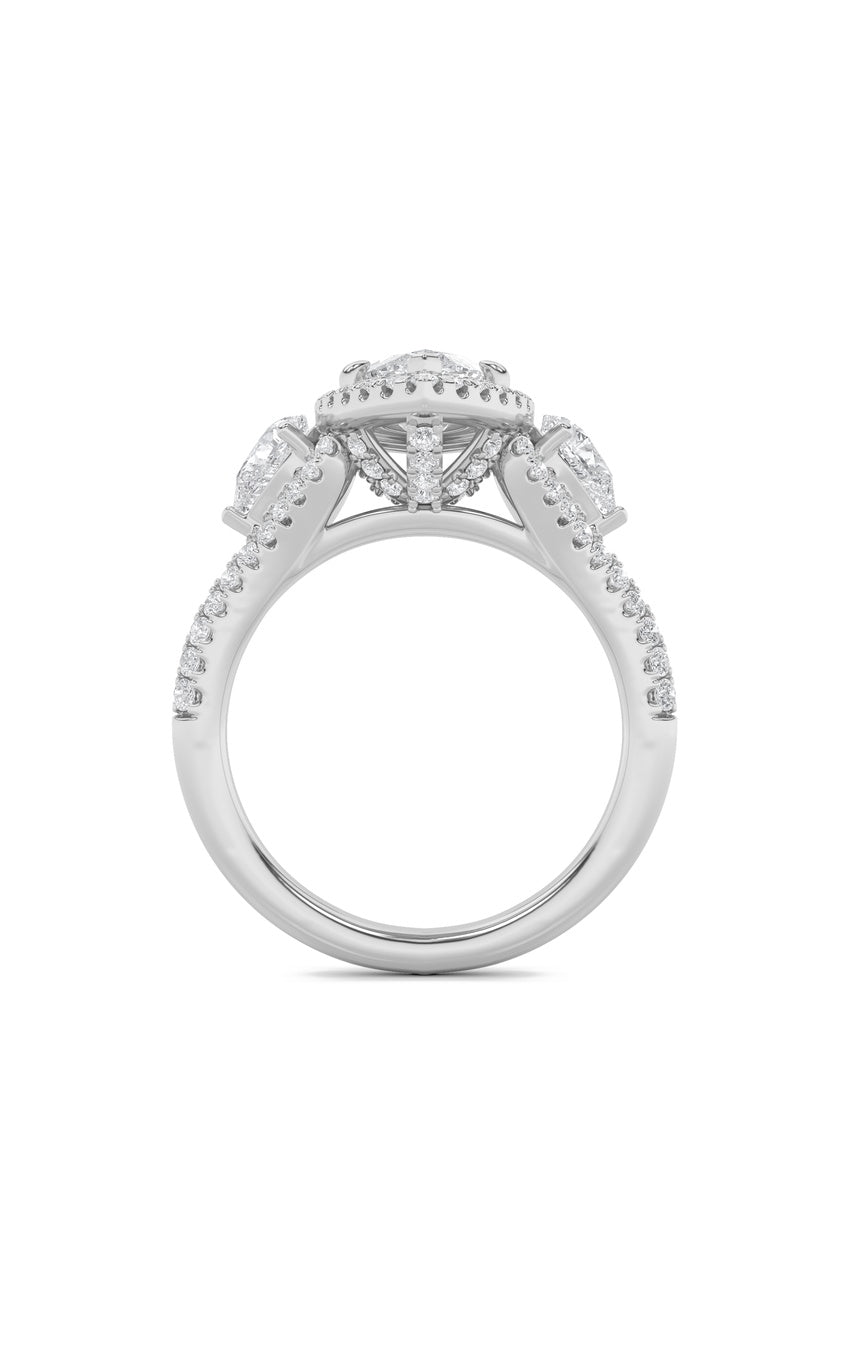 3Cttw Marquise Shaped Lab Grown Diamond (F/VS) Three Stone Bold Accented Engagement Ring in 14K Gold