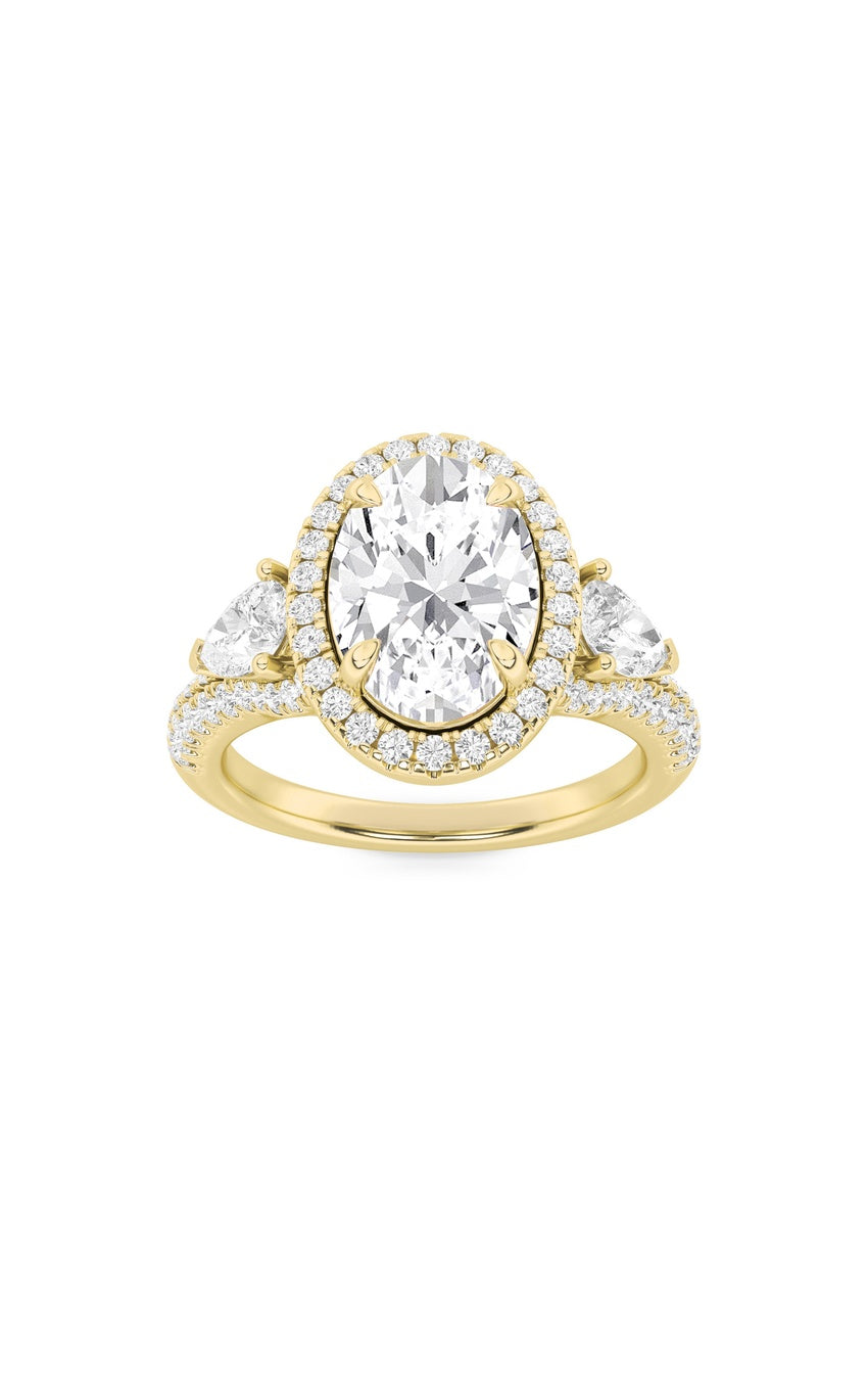 3Cttw Oval Shaped Lab Grown Diamond (F/VS) Three Stone Bold Accented Engagement Ring in 14K Gold