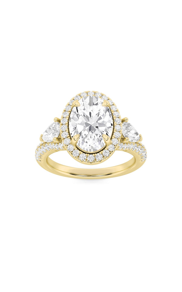 3Cttw Oval Shaped Lab Grown Diamond (F/VS) Three Stone Bold Accented Engagement Ring in 14K Gold