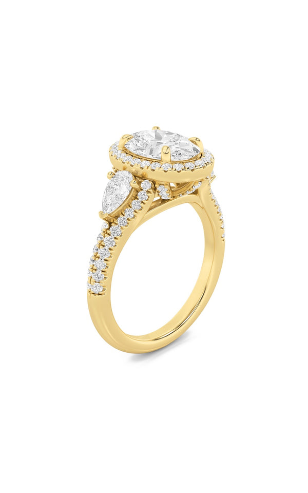 3Cttw Oval Shaped Lab Grown Diamond (F/VS) Three Stone Bold Accented Engagement Ring in 14K Gold