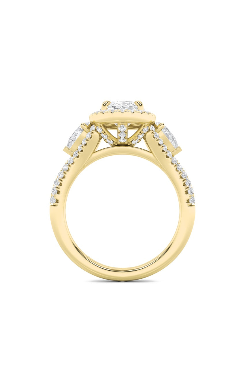 3Cttw Oval Shaped Lab Grown Diamond (F/VS) Three Stone Bold Accented Engagement Ring in 14K Gold