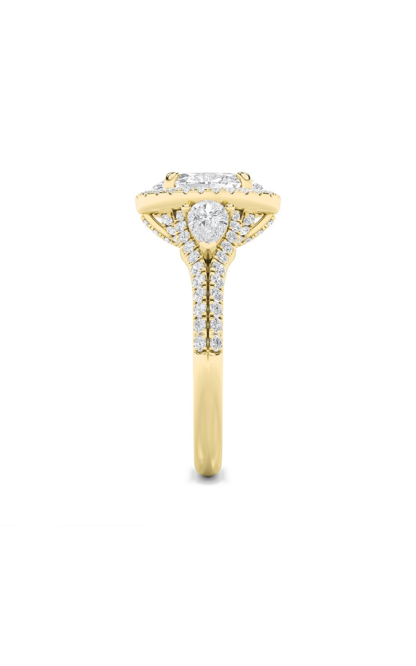 3Cttw Oval Shaped Lab Grown Diamond (F/VS) Three Stone Bold Accented Engagement Ring in 14K Gold