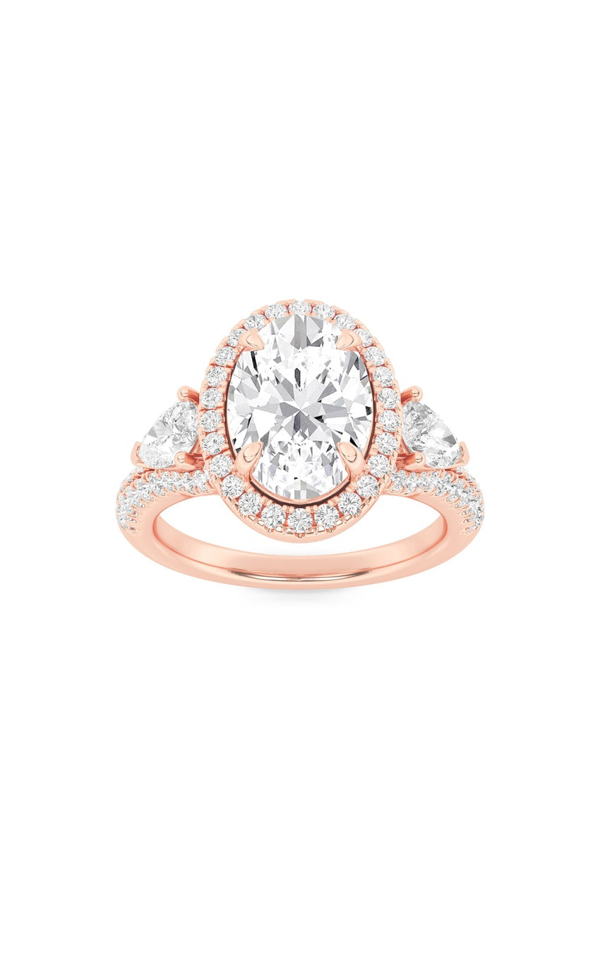 3Cttw Oval Shaped Lab Grown Diamond (F/VS) Three Stone Bold Accented Engagement Ring in 14K Gold