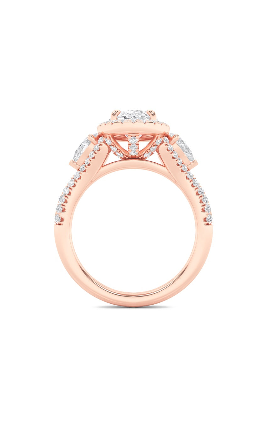 3Cttw Oval Shaped Lab Grown Diamond (F/VS) Three Stone Bold Accented Engagement Ring in 14K Gold