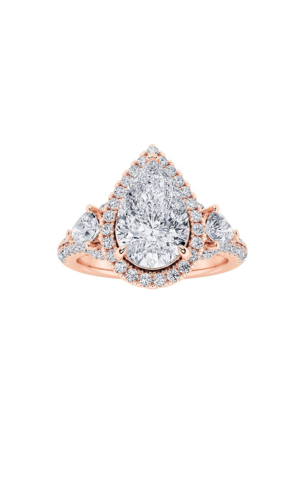 3Cttw Pear Shaped Lab Grown Diamond (F/VS) Three Stone Bold Accented Engagement Ring in 14K Gold