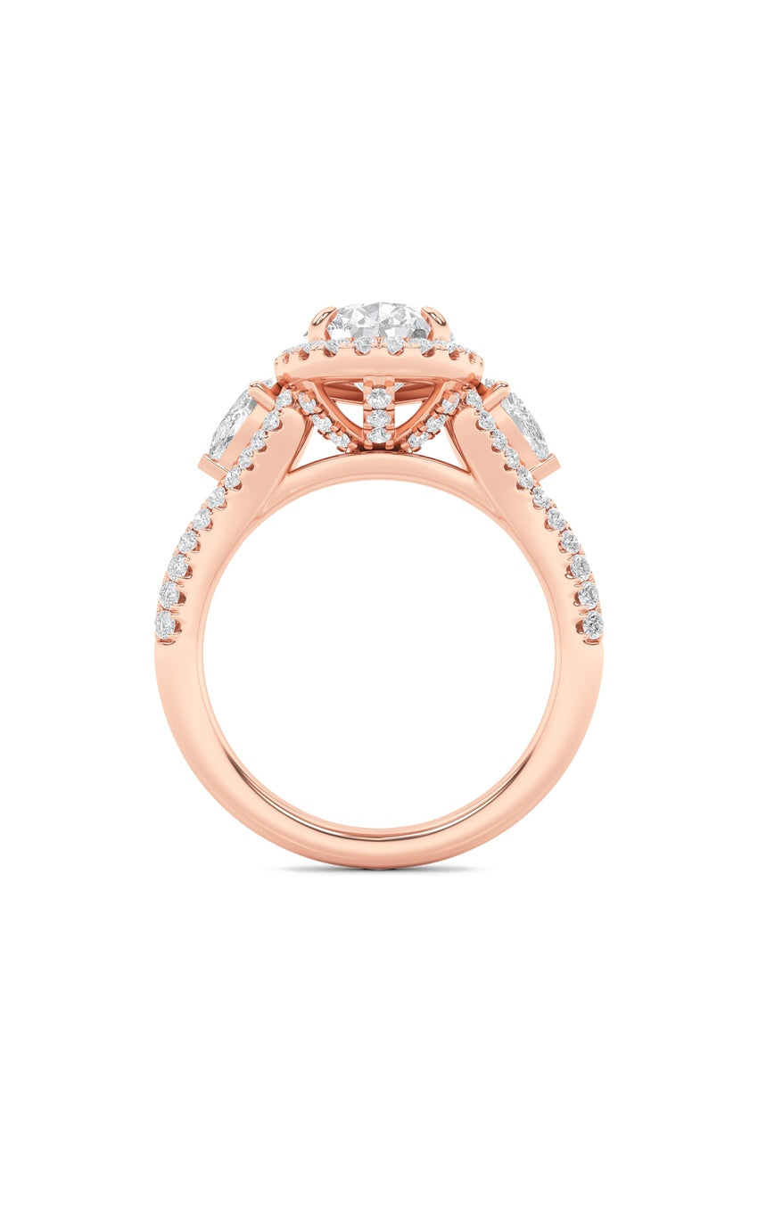 3Cttw Pear Shaped Lab Grown Diamond (F/VS) Three Stone Bold Accented Engagement Ring in 14K Gold