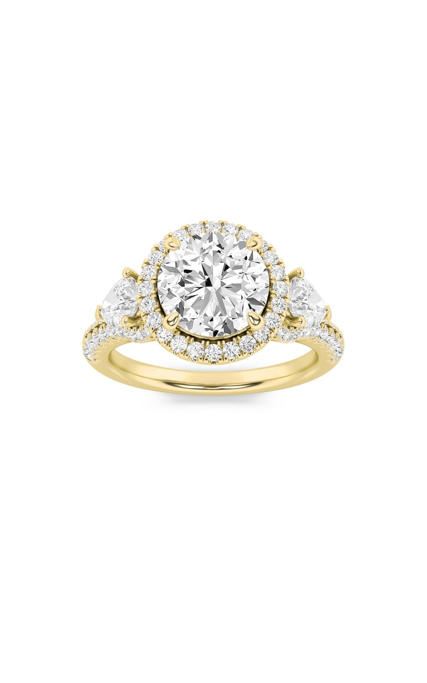 3Cttw Round Shaped Lab Grown Diamond (F/VS) ThreeStone Bold Accented Engagement Ring in 14K Gold