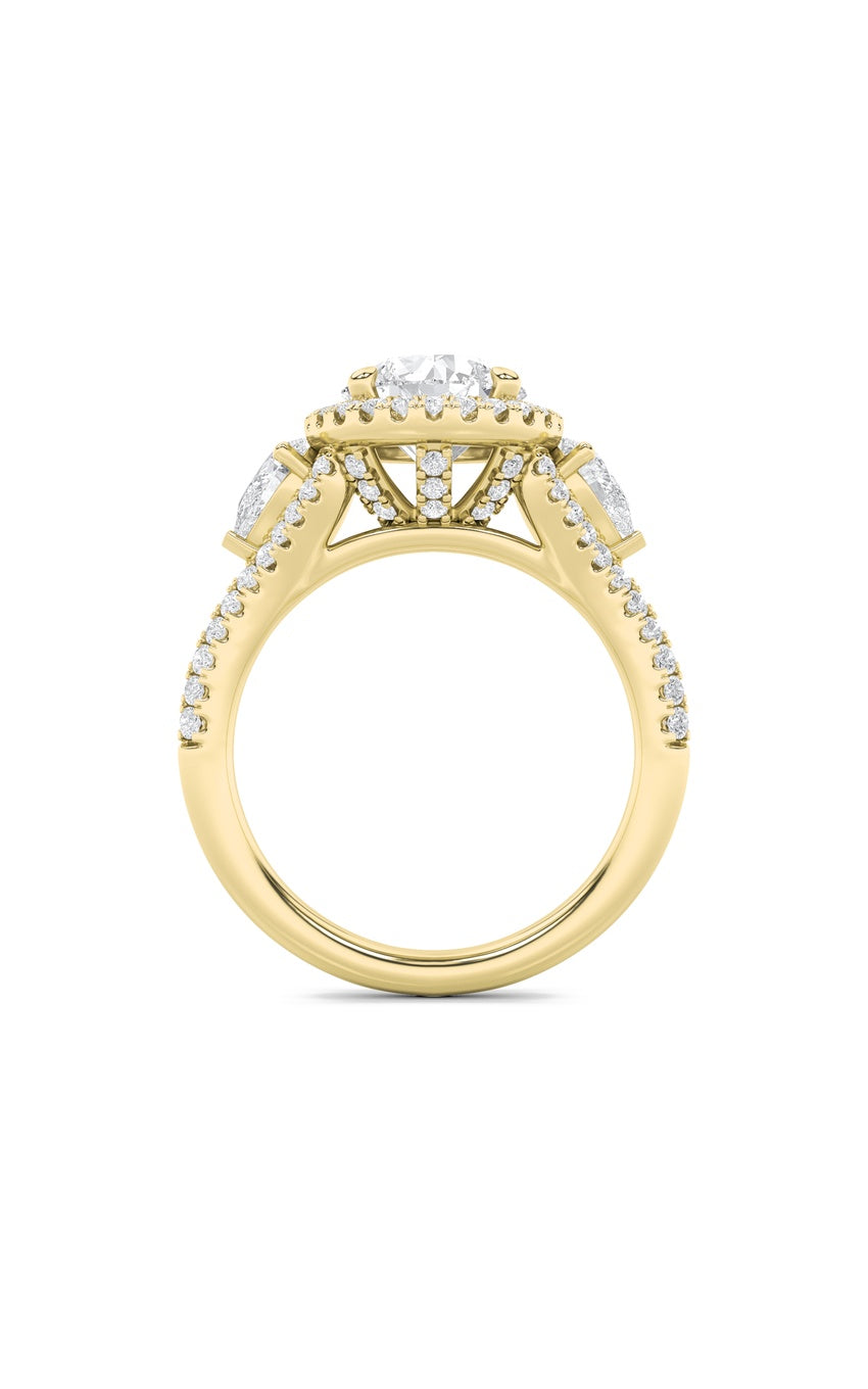 3Cttw Round Shaped Lab Grown Diamond (F/VS) ThreeStone Bold Accented Engagement Ring in 14K Gold