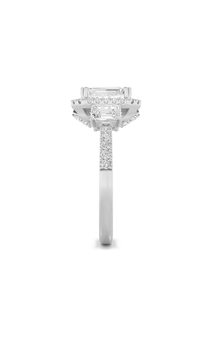 3Cttw Emerald Shaped Lab Grown Diamond (G/VS) Three Stone Accented Engagement Ring in 14K Gold