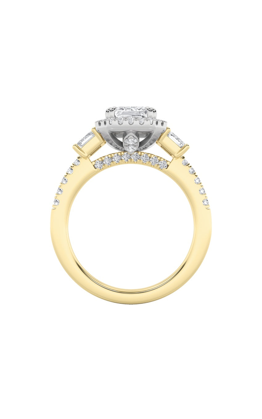 3Cttw Emerald Shaped Lab Grown Diamond (G/VS) Three Stone Accented Engagement Ring in 14K Gold