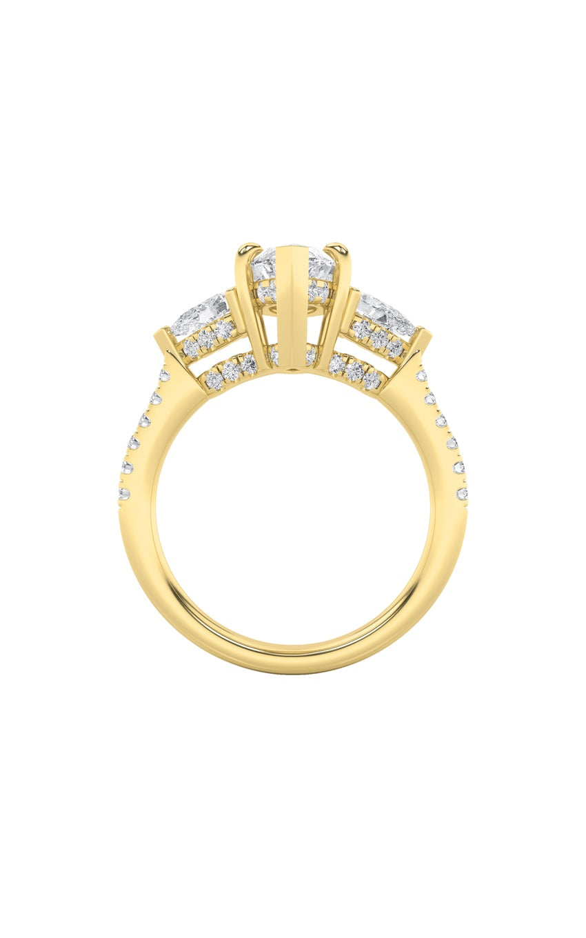 3Cttw Marquise Shaped Lab Grown Diamond (F/VS) Three Stone Accented Engagement Ring in 14K Gold